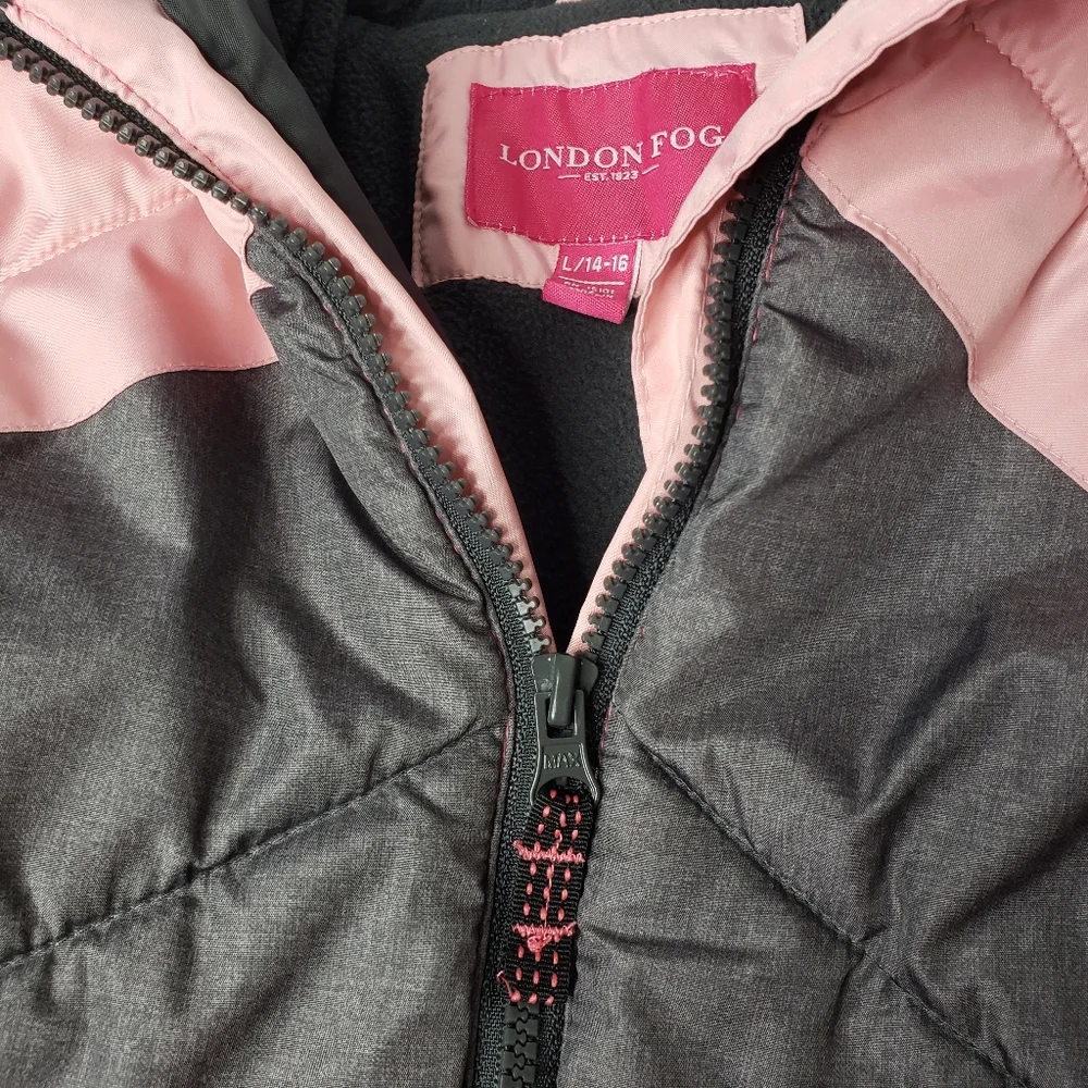 London Fog Girls Puffer Coat XL Hooded Chevron Colorblock Fleece Lined Winter